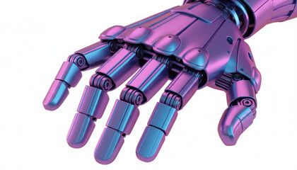 Cybernetic Robotic Hand Close-up. Bionic Arm with Neon Pink and Blue Iridescent Effect Isolated on White Background for Technology and AI Concepts.