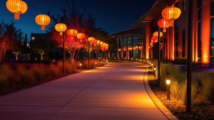 Night scene of a glowing walkway lined with orange lanterns, modern building backdrop, serene campus tonight!!