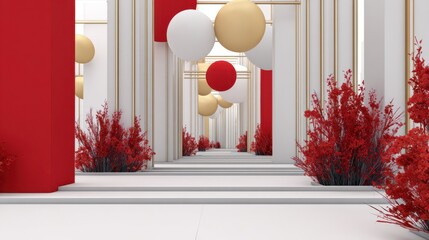 A bright fresh hallway with white floors and pillars, red accents, and floating white, red, and gold balloons