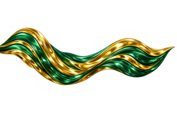 Gold and green metallic liquid ribbon flowing horizontally, creating abstract wave banner design with glossy texture