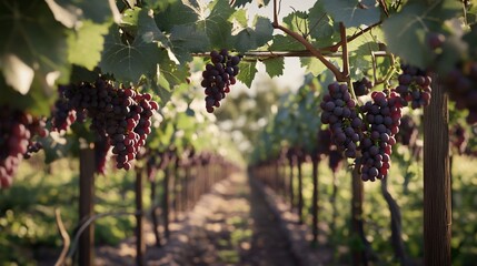 Lush Vineyard Landscape with Ripe Grapes Ready for Harvest at Sunset