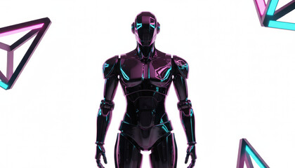 Futuristic Black AI Robot (Android) Illuminated by Neon Cyan and Magenta Lights. Abstract Cyberpunk Technology and Robotics on Clean White Background.