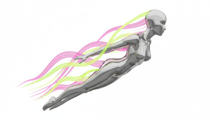 Futuristic Chrome Woman Flying Fast, Abstract Neon Light Trails, Digital Data Flow and Speed Concept, Isolated 3D Render