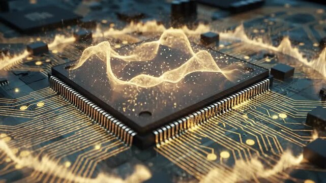 Futuristic Microchip Surrounded by Radiant Waveforms.