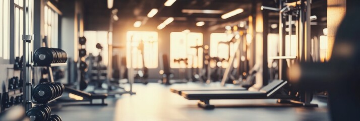 Fitness gym interior showing training equipment and weights with evening light creating an active environment for bodybuilding and health routines