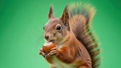 Obraz premium Charming portrait of a european red squirrel enjoying an hazelnut against green backdrop