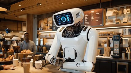 A white robot with a digital screen on its head standing behind a counter in a modern coffee shop with a man in the background and various food items. - Powered by Adobe