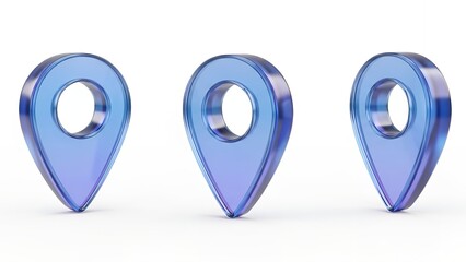 Set of Location Pin Icons. Iridescent Blue-Purple 3D Render Map Pointer Symbols.