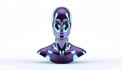Futuristic Chrome Mannequin Bust with Iridescent Purple and Teal Reflections on White Background. AI and High-Tech Identity Concept.