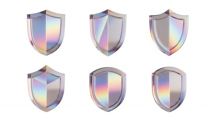 Cybersecurity Shield Icons Set. Iridescent 3D Render Protection & Security Symbols.