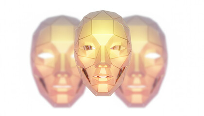 Golden Low-Poly AI Face Mask: Futuristic Abstract 3D Render of Digital Identity and Data Technology on White Background.