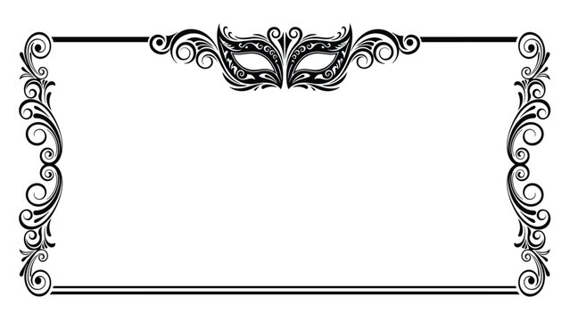 Elegant black and white rectangular frame featuring ornate scrollwork and a decorative masquerade mask at the top center.