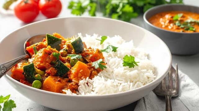 Delicious and vibrant vegetable curry served with f white rice in a bowl.