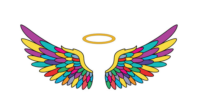 Vibrant rainbow colored feathered wings with a golden halo above them representing peace spirituality and divine light. - Powered by Adobe