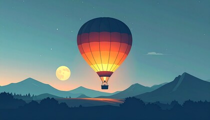 Hot Air Balloon Sunrise Mountain Landscape Vector Illustration