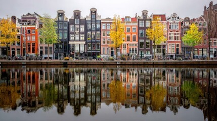 Naklejka premium Amsterdam canal houses reflection autumn day