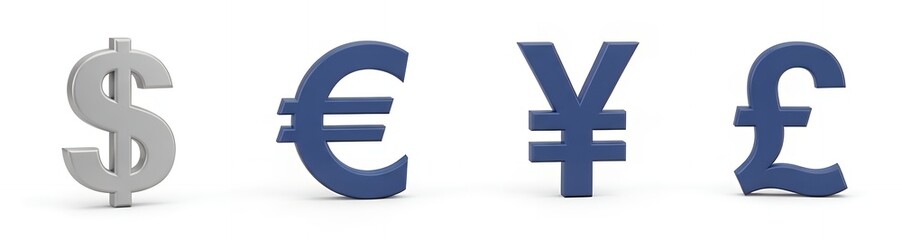 Obraz premium Prominent International Currency Symbols: Dollar, Euro, Yen, and Pound on White, Global Finance Concept
