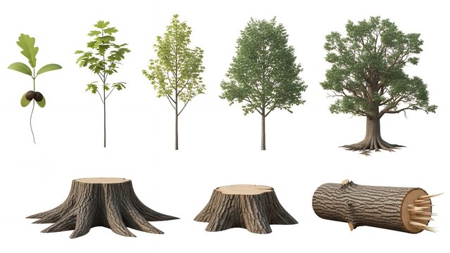 Oak Tree Life Cycle Showing Growth from Seedling to Mature Tree with Stump and Log, Environmental Education