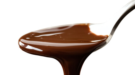 Obraz premium Glossy Melted Dark Chocolate Dripping Smoothly from a Metal Spoon on Transparent Background