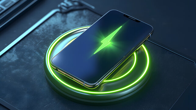 ワイヤレス充電器の上に置かれたスマートフォンと緑色に輝く稲妻アイコン　バッテリー充電と最新テクノロジーの3Dイラスト
