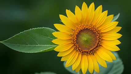 bright yellow sunflower captures natural light with vibrant petals and a green leaf against a blurred dark background useful for summer botany.