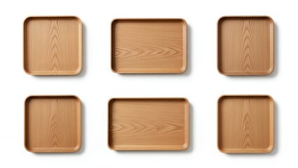 Fototapeta premium Collection of six natural wooden serving trays in various rectangular shapes, isolated on a white background.
