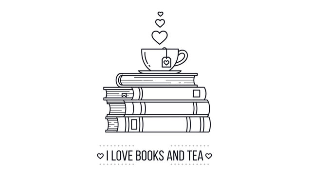 Minimalist line art shows a steaming cup of tea resting on a stack of books with rising heart symbols for cozy vibes.