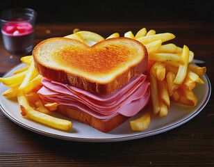 Heart Shaped Ham Sandwhich and French Fries AI