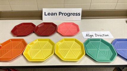 Colorful plastic trays arranged on table with signs indicating lean progress and alignment direction for organization