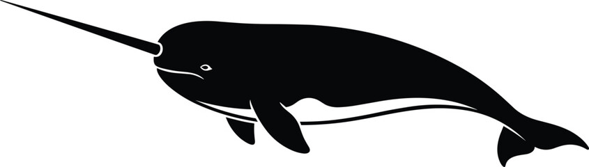 Black narwhal whale silhouette vector illustration, marine arctic animal with long tusk, ocean wildlife design element isolated on white background..eps © Mim's World