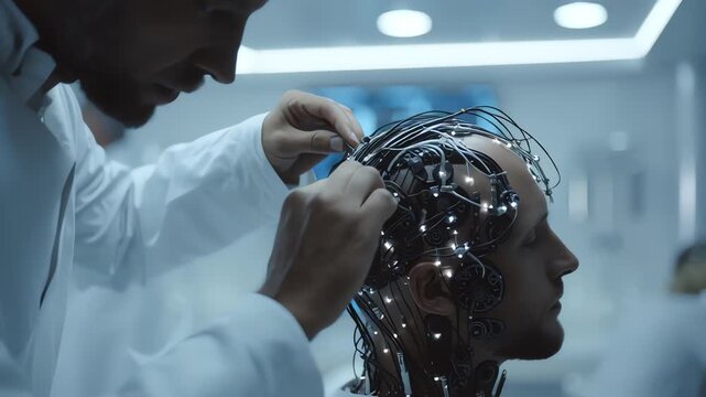 A medical professional adjusting a brain-computer interface headset on a patient's head in a modern medical setting with a calm and focused mood.