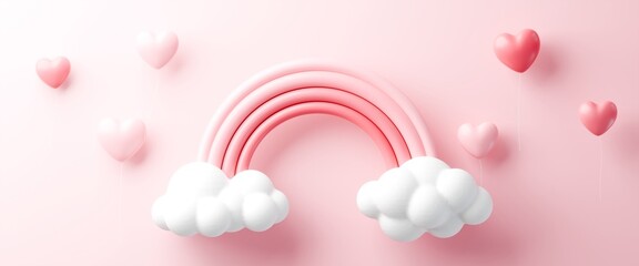 3D Valentine banner with pink rainbow, clouds, hearts and gifts. Perfect for romantic sales promo.