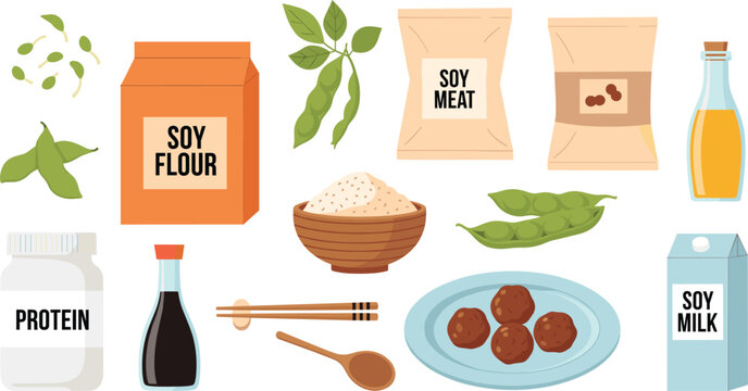Comprehensive soy products vector illustration set featuring soy flour bag, edamame pods, soy milk carton, meat alternatives, protein powder, and savory soy sauce for vegan diets.