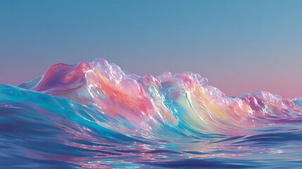 abstract fluid wave in holographic pink blue gradient, glossy liquid material, soft foam details, surreal ocean scene