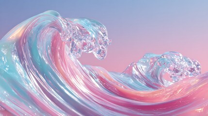 abstract fluid wave in holographic pink blue gradient, glossy liquid material, soft foam details, surreal ocean scene