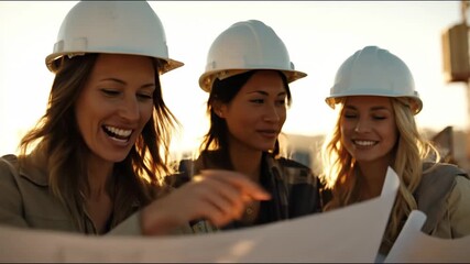 Three happy female construction engineers or architects wearing hard hats reviewing blueprints together on a job site at sunset