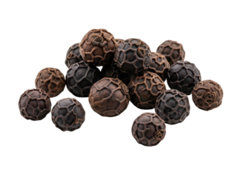 Extreme close-up macro of whole, dry black peppercorns with intricate wrinkles, scattered on a transparent background with copy space, studio shot, concept for premium culinary ingredient