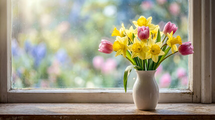 Spring flowers in a white ceramic vase: yellow daffodils and pink tulips with dewdrops, placed on a windowsill in the soft morning sunlight.