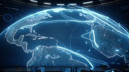 Glowing blue digital globe with neon lines and city lights on a dark background with futuristic interface elements. - Powered by Adobe