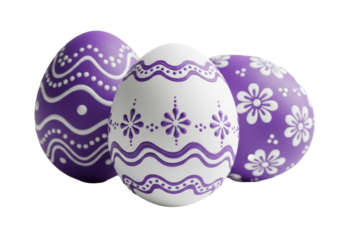 Three ornate, matte textured Easter eggs with white & purple floral & wavy patterns, arranged on a transparent background with soft shadows, festive Easter concept.