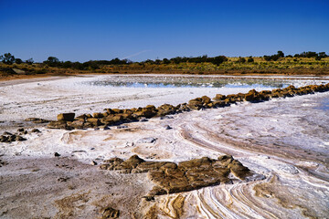 Vast arid salt flat with blue sky, Stuart Highway Oakden Hills South Australia
