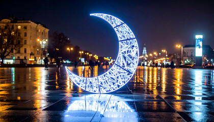 Obraz premium illuminated crescent moon decorates a wet city square at night reflecting vibrant urban lights ideal for holiday events and seasonal celebration designs