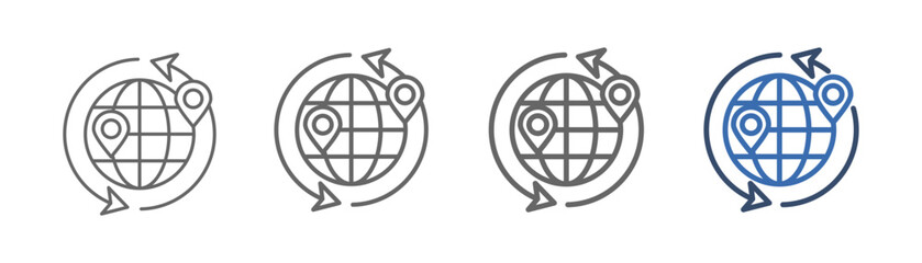 
Global mobility outline icon set with globe, map and semicircular up and down arrows design