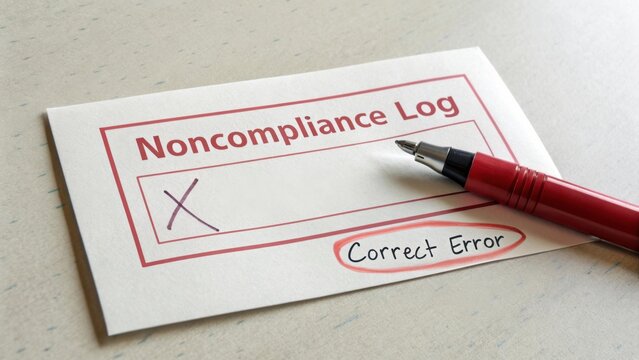 Document indicating noncompliance log with correction note and red pen on table background for administrative use