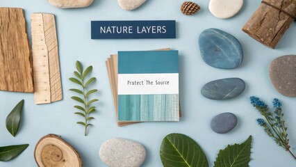 Nature Layer Composition with Stones, Leaves, Wood, and Artistic Card Emphasizing Environmental Conservation Theme