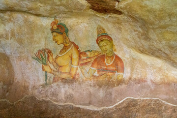 Ancient Sigiriya frescoes, located at the Sigiriya rock fortress in Sri Lanka.