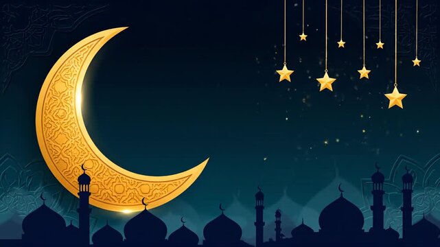 Golden Crescent Moon and Hanging Stars Islamic Religious Background