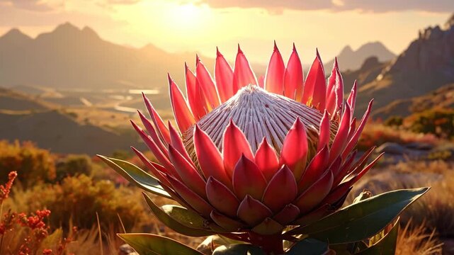 Majestic protea flower in full bloom, basking in the warm glow of the setting sun.