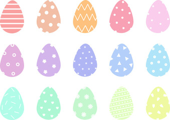 Big set of 15 cute pastel Easter eggs. Vector collection of flat colorful holiday icons with white patterns, stripes and dots.