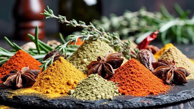 Vibrant spice powders arranged on a slate board in colorful display.